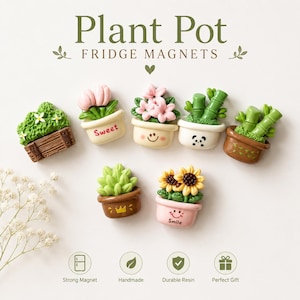 May include: A selection of decorative fridge magnets in the shape of small plant pots. The magnets depict different plants, such as flowers, succulents, and bamboo. The text "Plant Pot Fridge Magnets" is visible at the top.