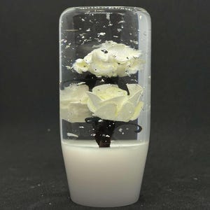 May include: A clear, rectangular shift knob featuring white roses. The base is white, and the roses are surrounded by small, reflective particles. The roses have black stems and are in a clear, transparent casing.
