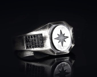14K Solid Gold North Star Men Ring, 925 Sterling Silver North Star Men Ring, Signet Men Ring, Men gift, Christmas gift, Valentine&#39;s Day Gift