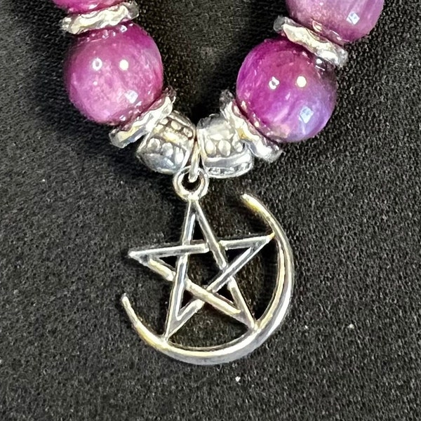 Silver Wiccan Protection Charm with Pink Glass and Silver Beading and Silver Bangles. Moon and Pentacle Bracelet