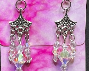 Silver Chandelier Pendant with a Thai Motif and Crystal Beading, Chandelier Earrings