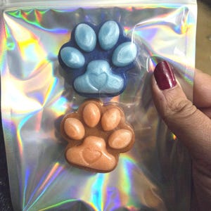 May include: Two paw-shaped wax melts inside a holographic resealable plastic pouch. The top wax melt is dark blue with light blue pads, and the bottom wax melt is copper-colored. Each paw print features a small heart embossed on the palm pad.