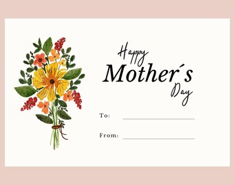 Puede incluir: Una tarjeta blanca con una ilustración de acuarela de un ramo de flores en tonos amarillos, naranjas y rojos. La tarjeta dice "Feliz Día de la Madre" y tiene líneas en blanco para "Para:" y "De:".
