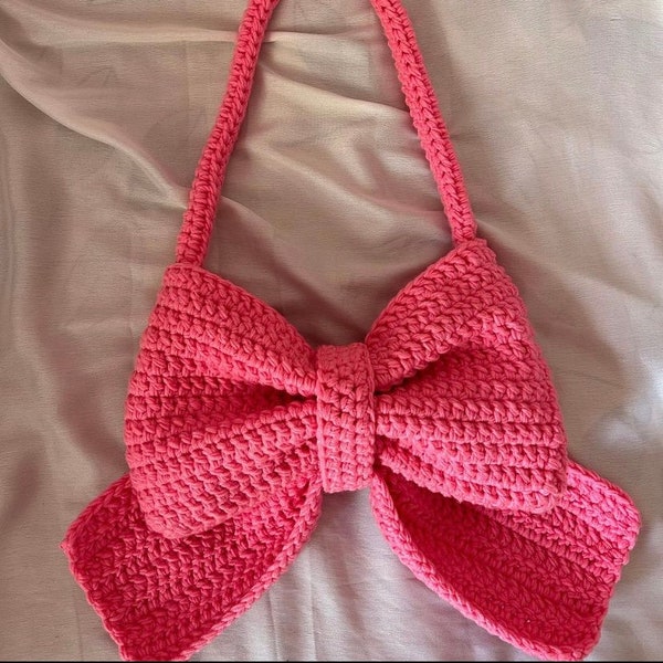 PİNK BOW BAG,Hand Crochet Bow Bag - Coquette Shoulder Bag, Girl Bow Bag, Crochet Bow Bag, Crochet Shoulder Purse, Knit Shoulder Bag, Crochet