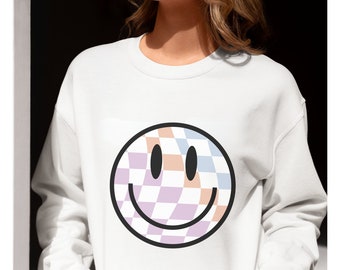 Smile Face Sweatshirt, Happy Face Sweatshirt, Smile Face Kariertes Sweatshirt, Retro Sweatshirt Damen, Geschenk für sie