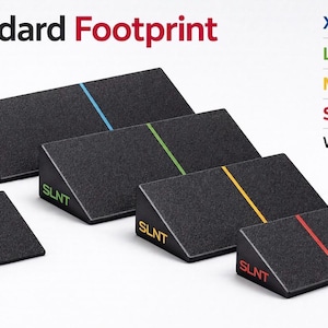 May include: Black exercise wedges with coloured stripes and the text "SLNT". Sizes range from 15x30cm to 76x30cm. The text "Standard Footprint" and size details are also visible.