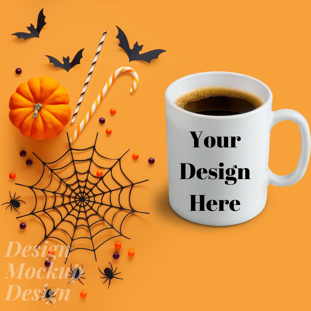 Halloween Themed White Cup Mockup, Halloween Coffee Cup Mug, Blank Mug