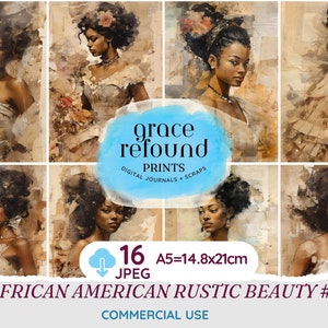 Ritratti di donne afroamericane d&#39;epoca - Set di 16 carte digitali A5 per scrapbooking e junk journaling