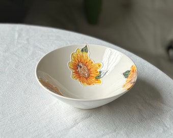 Handmade pottery bowl with yellow orange sunflower. Flower ceramic tableware. Birthday, wedding, festival gift.