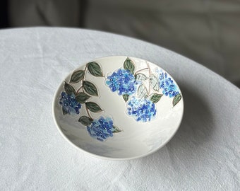 Handmade pottery bowl with blue hydrangea. Flower ceramic tableware. Birthday, wedding, festival gift.