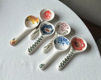 Handmade pottery spoon with tulip, sunflower, hydrangea, wistaria, poppy. Flower ceramic tableware. Birthday, wedding, gift.