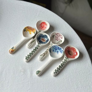 Handmade pottery spoon with tulip, sunflower, hydrangea, wistaria, poppy. Flower ceramic tableware. Birthday, wedding, gift. image 1