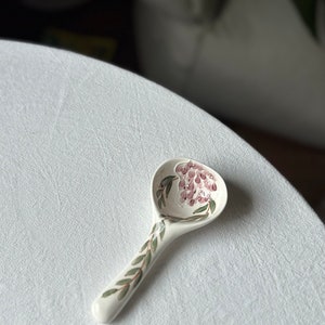 Handmade pottery spoon with tulip, sunflower, hydrangea, wistaria, poppy. Flower ceramic tableware. Birthday, wedding, gift. Wistaria