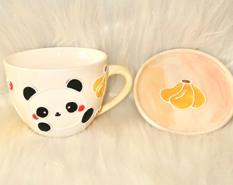 Handmade pottery coffee tea cup, mug with banana panda. Animal Fruit ceramic tableware. Birthday, wedding, festival gift.