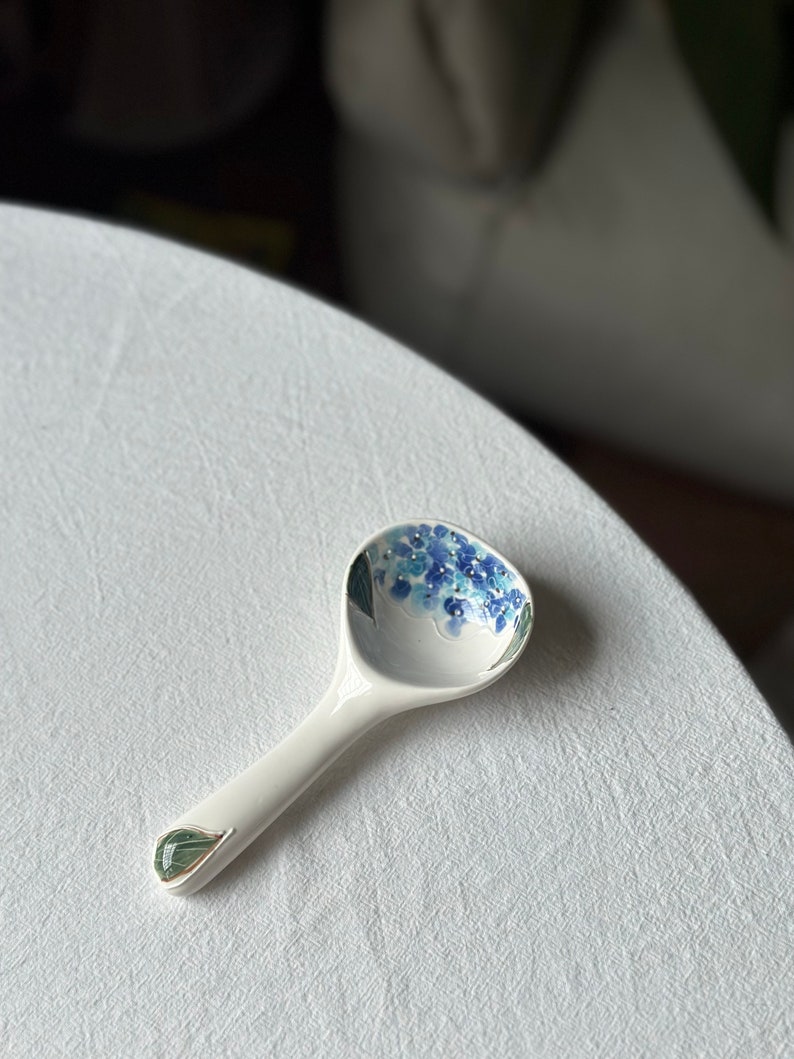 Handmade pottery spoon with tulip, sunflower, hydrangea, wistaria, poppy. Flower ceramic tableware. Birthday, wedding, gift. Hydrandea