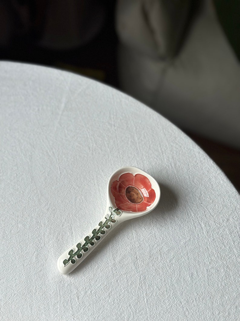 Handmade pottery spoon with tulip, sunflower, hydrangea, wistaria, poppy. Flower ceramic tableware. Birthday, wedding, gift. Red California Poppy