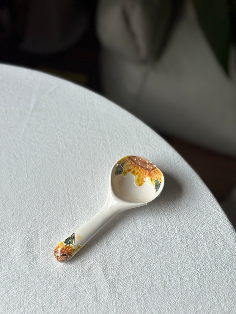 Handmade pottery spoon with tulip, sunflower, hydrangea, wistaria, poppy. Flower ceramic tableware. Birthday, wedding, gift. Sunflower