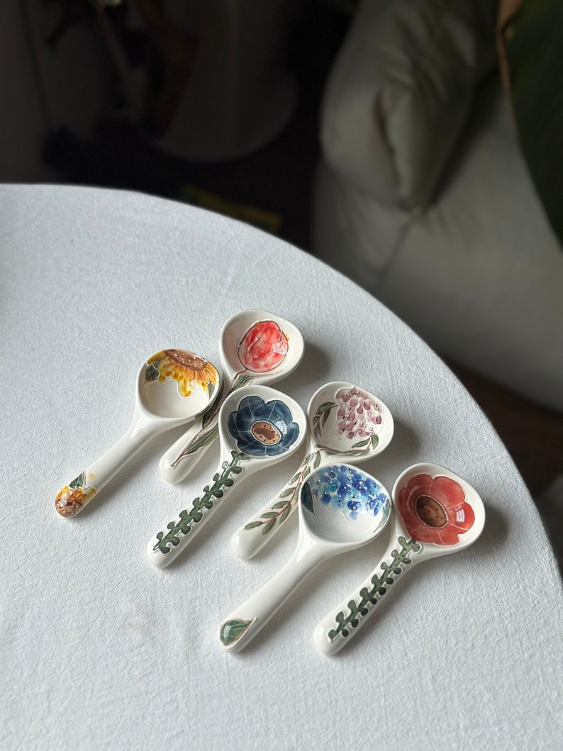 Handmade pottery spoon with tulip, sunflower, hydrangea, wistaria, poppy. Flower ceramic tableware. Birthday, wedding, gift. image 1