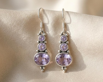 Drop Dangle Earrings - Silver Tiered Cubic Zirconia, Boho Lavender Amethyst Crystal, Bridesmaid Gifts Jewelry