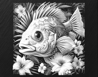 Archivo de grabado láser PNG, pizarra posavasos bandeja de letreros imagen de imagen fotográfica, enrutador CNC, CO2, Lightburn, Glowforge, Xtool, flores de pescado