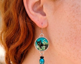 Orecchini pendenti a forma di gatto nero, gioielli botanici stravaganti, ciondolo a goccia in vetro a forma di libellula, regalo per ragazze e donne.