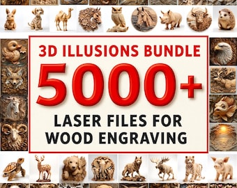 May include: A collection of wood carvings of various animals, including a lion, dog, raccoon, elephant, owl, and deer. The image also features the text "3D ILLUSIONS BUNDLE 5000+ LASER FILES FOR WOOD ENGRAVING."