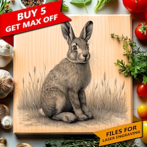 Puede incluir: Una ilustración detallada en blanco y negro de un conejo sentado en hierba alta. La imagen está sobre una superficie de madera marrón claro. "FILES FOR LASER ENGRAVING" está escrito en blanco sobre fondo amarillo en la esquina inferior derecha de la imagen.