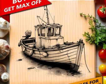 Boat Laser Engraving Files: Wood Burn Coaster Art (PNG)