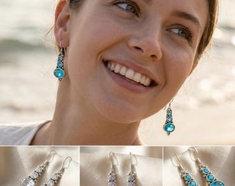 Drop Dangle Earrings - Aquamarine Boho Crystal, Dainty Silver Turquoise Vintage Jewelry, Women Birthday Gifts