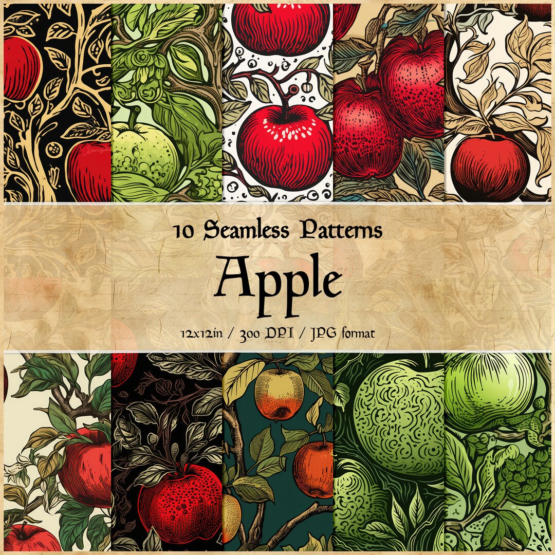 Medieval Apple Seamless Patterns Digital Paper Woodcut Etsy