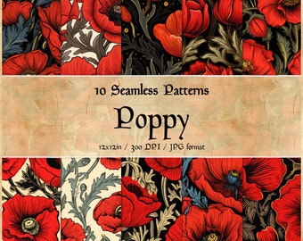 Medieval Poppy Patterns, digital paper, woodcut patterns, printable scrapbook paper, seamless backgrounds, POD, commercial use