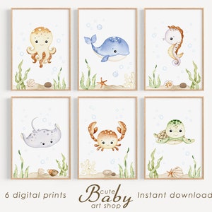 Impresiones bajo el mar, lindos animales del océano, carteles náuticos submarinos, decoración de vivero, arte de pared imprimible