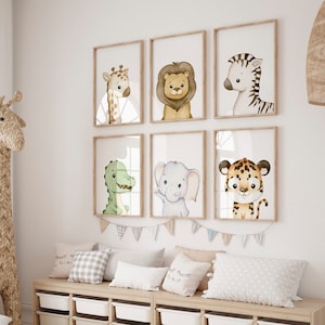 Impresiones de animales de safari, arte de la pared de la selva infantil, póster de animales imprimible, decoración de la habitación de los niños