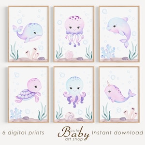 Unterwasser Bilder, niedliche Meerestiere, nautische Unterwasser Poster, Kinderzimmer Dekoration, druckbare Wandkunst, Baby Mädchen Zimmer Dekor