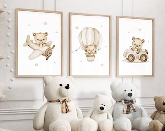 Teddy bear prints, nursery wall art, bear pilot poster, baby boy print, neutral boys room wall art