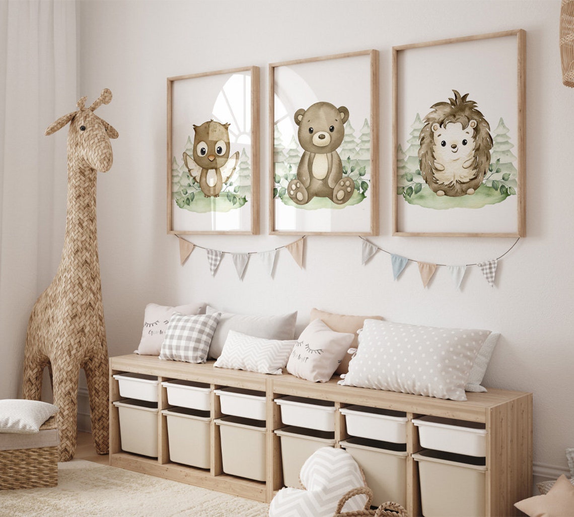 Woodland Animals Prints, Nursery Wall Art, Neutral Kids Room Decor ...
