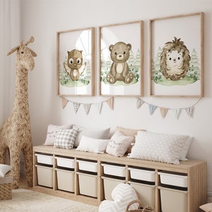 Woodland animals prints, forest animals poster, neutral nursery decor, printable wall art, baby prints, kids room decor