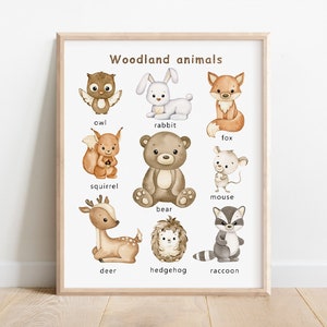 Woodland animals print, educational print, forest animals poster, nursery decor, preschool poster, printable wall art