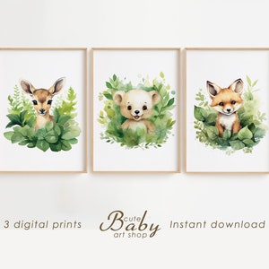 Woodland animals prints, forest animals poster, nursery printable wall art, greenery kids room decor, Digital download
