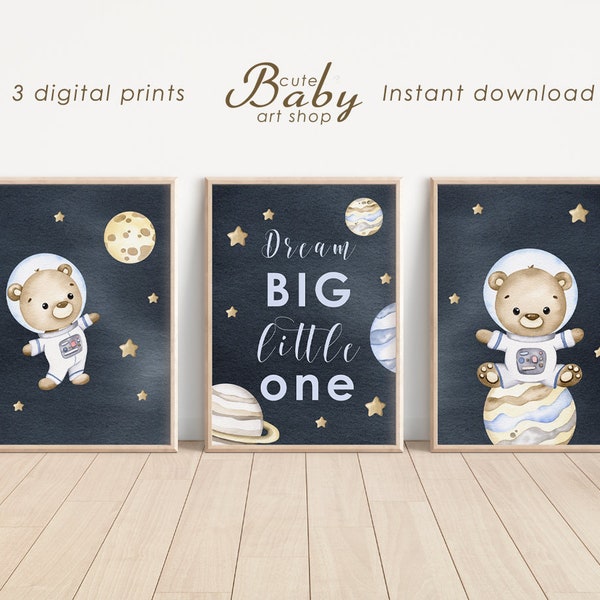 Space nursery prints, teddy bear poster, cute astronaut wall art, galaxy printable, nursery decor, boys room decor