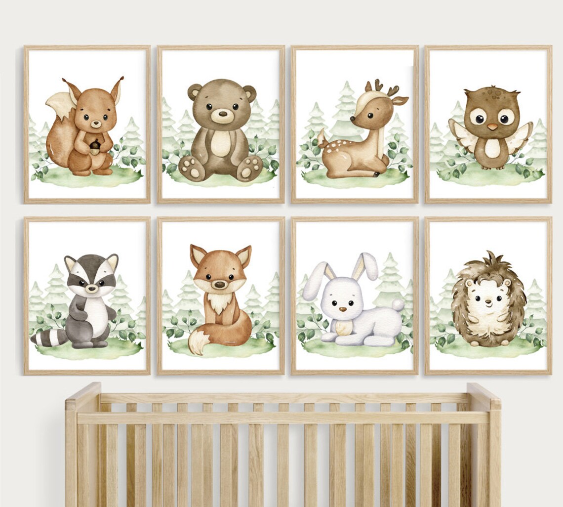 Woodland Animals Prints, Nursery Wall Art, Neutral Kids Room Decor ...
