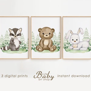 Woodland animals prints, forest animals poster, neutral nursery decor, printable wall art, baby prints, kids room decor