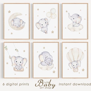 Impressão de berçário de elefante, decoração infantil neutra, pôster de elefantes fofos, arte de parede para impressão
