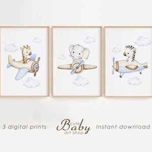 Estampado de animales voladores, estampados de bebés, póster de animales lindos, decoración de guardería, arte de pared imprimible, avión, globo aerostático