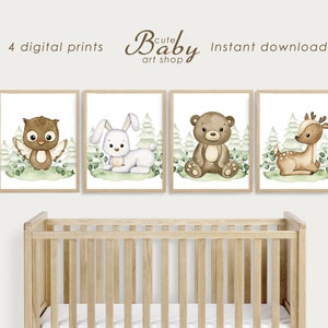 Woodland animals prints, forest animals poster, neutral nursery decor, printable wall art, baby prints, kids room decor, bear, deer