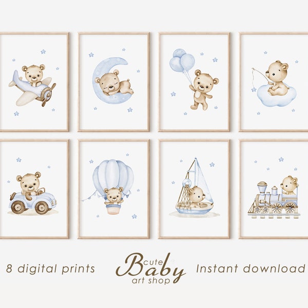 Teddy bear print, baby boy wall art, neutral nursery decor, cute bear poster, printable bear pilot, car, plane, train, hot air balloon