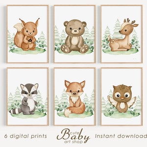 Impresiones de animales del bosque, póster de animales del bosque, decoración neutra de la guardería, arte de pared imprimible, impresiones de bebés, decoración de la habitación de los niños, oso, ciervo, zorro