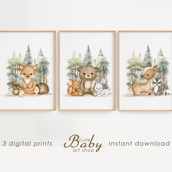 Woodland nursery prints, forest animal prints, baby animas wall art, woodland nursery decor, printable wall art