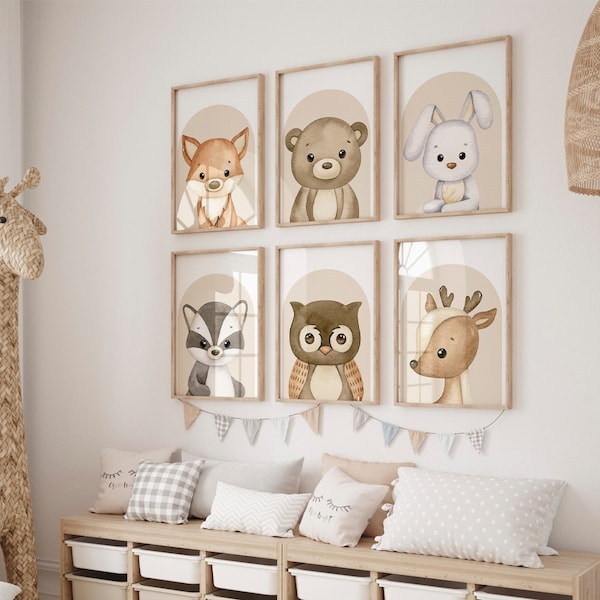 Woodland animals prints, forest nursery poster, baby animals wall art, neutral printable wall art