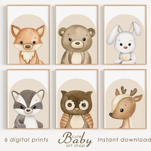 Láminas de animales del bosque, póster para guardería en el bosque, arte de pared de animales bebés, arte de pared imprimible neutro